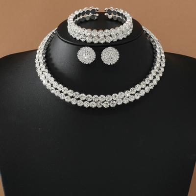 3 Pcs/Set Women Jewelry Set Rhinestone Double-layered Floral Decor Necklace Earrings Bracelet