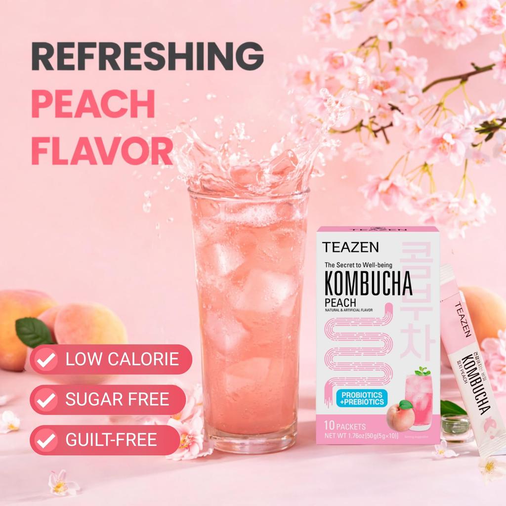 TEAZEN Kombucha Powder Drink Mix | Premium Korean Probiotic Drink | Sugar Free, Low Calorie Fizzy Beverage for Gut Health | 10 Sachets (50g) | Non-