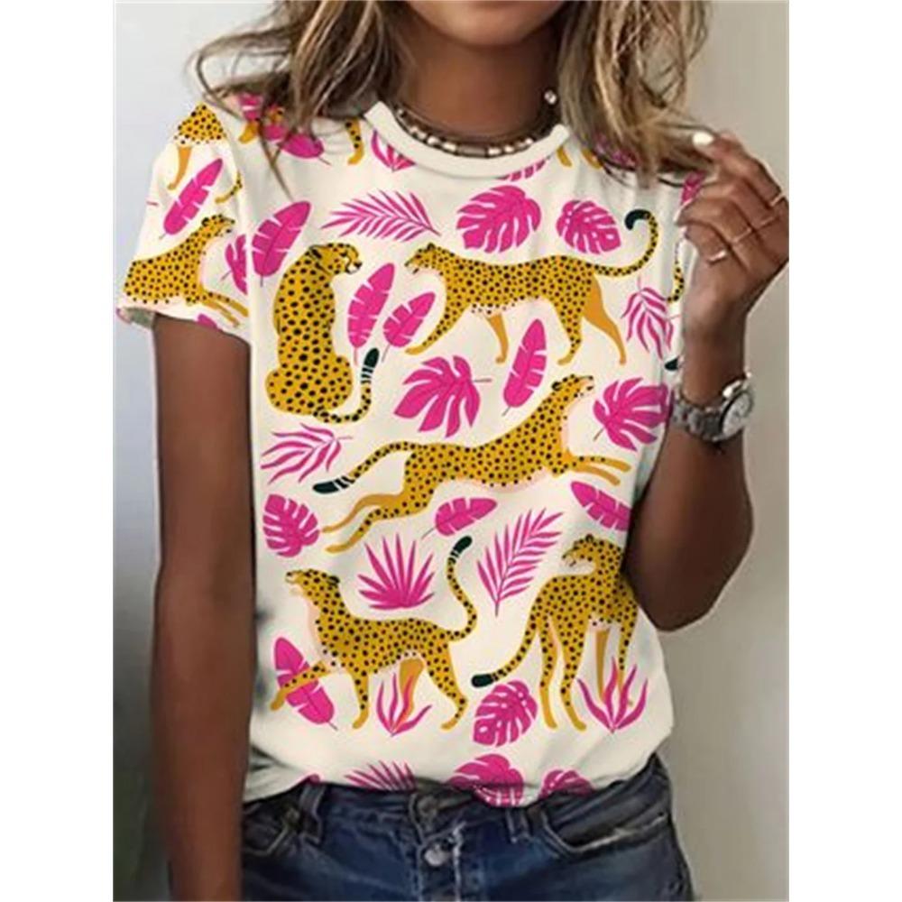Letní dámská trička s krátkým rukávem, módní, ležérní, s potiskem 3D kreslených zvířat a kulatým výstřihem