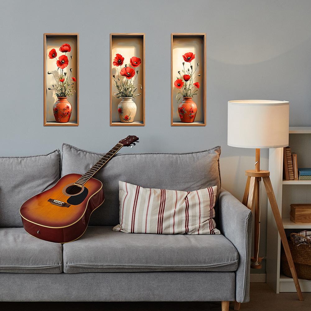 Creative Simulation 3D Poppy Vase for Bedroom Living Room Home Beautification and Decoration Wall Stickers