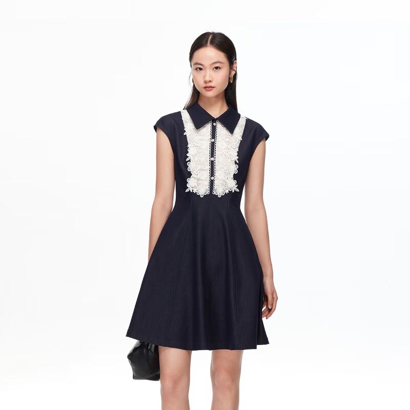 VEROMODA Women's A-Line Lace Lapel Collar Midi Dress