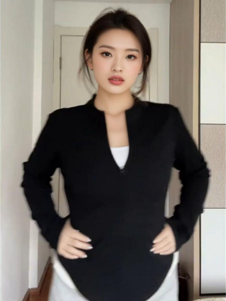 Korean Plus Size Zipper Cardigan with Half-High Collar for Women - Autumn/Winter Slimming Elastic Long Sleeve Top