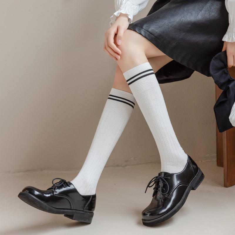 Women Stockings Bee Embroidery Long Socks Solid Color Black White Gray Stockings Knitted Cotton Knee Socks Women Stockings