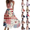 Womens Sleeveless V Neck Wrap Maxi Dress Patriotic Flag Print Floral Swing Summer Sundress Casual High Waist