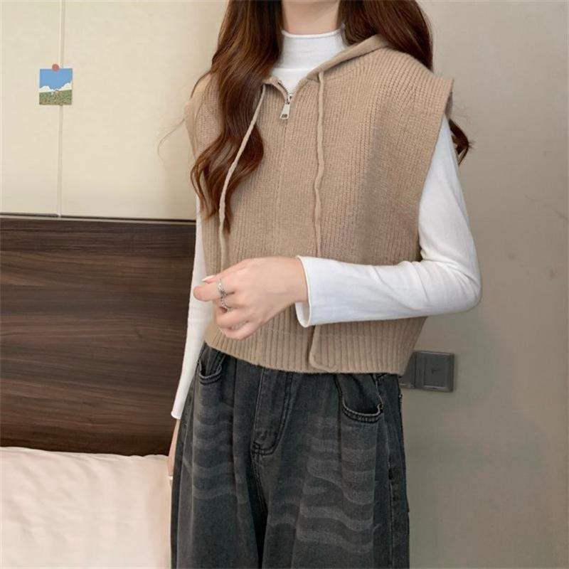 Hooded Vest Women's Versatile Solid Color Cardigan Short Casual Style Jacket Top