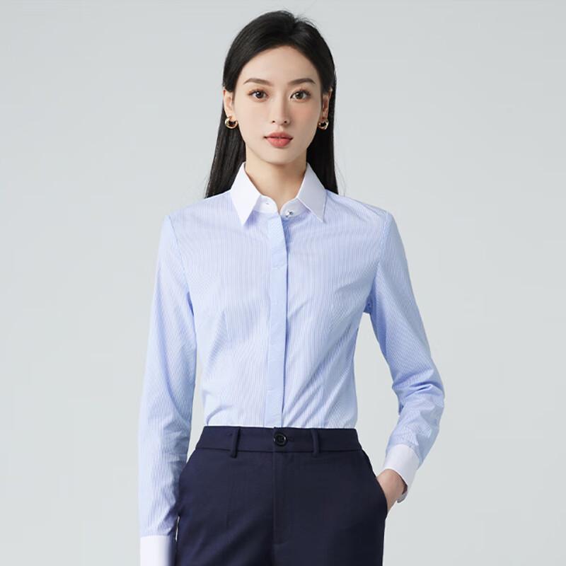 Tluoman Blue White Striped Professional Long Sleeve Women s Shirt L