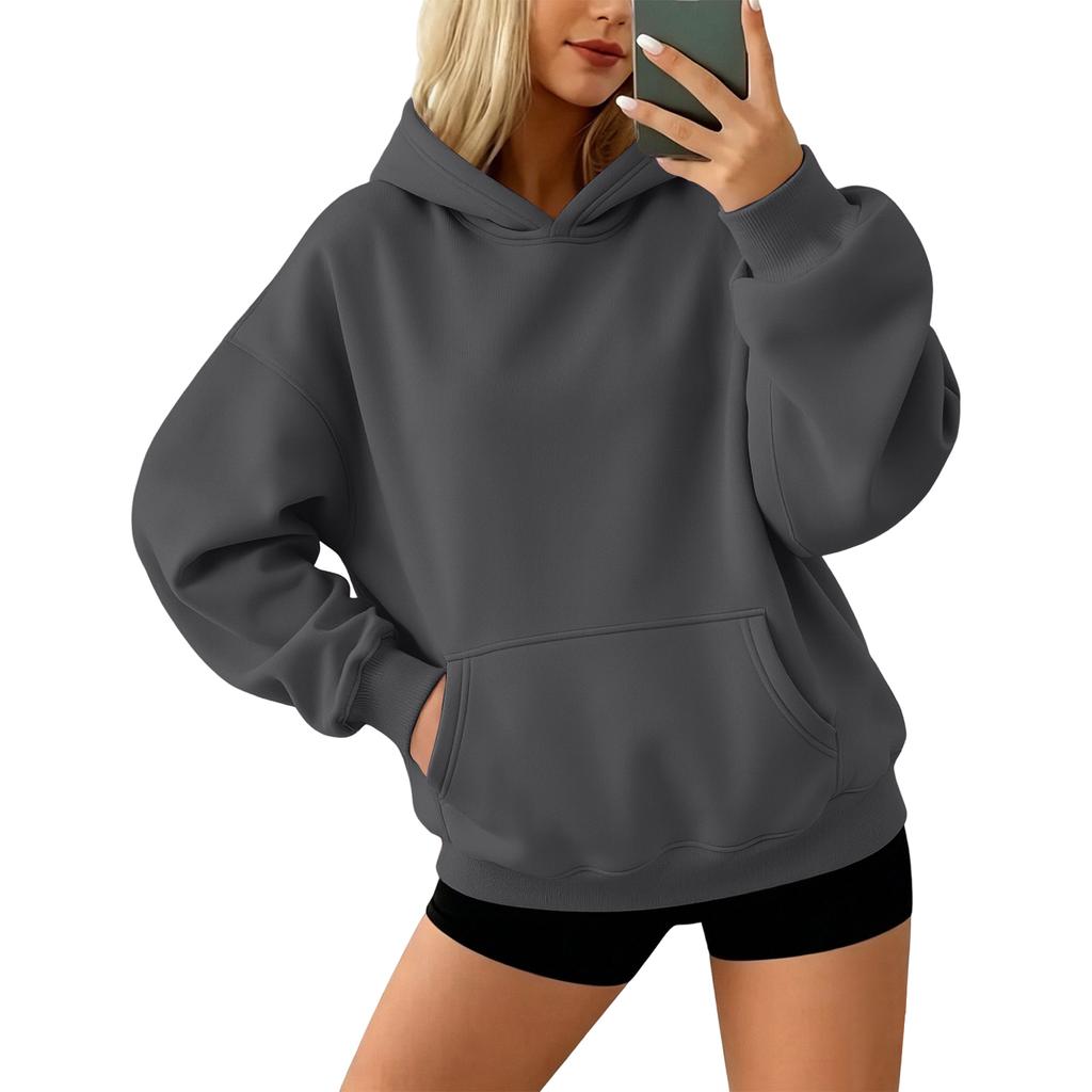 Women's Color Long Sleeve Pullover Hoodie with Front Pocket Loose Fit