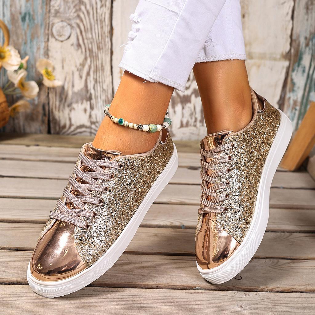 Fashion 2025 New Women Sneakers Fashion Glitter Leather Flat Shoes Big Size Shoes Woman Comfort Lace-up Casual Sneakers Zapatos De Mujer
