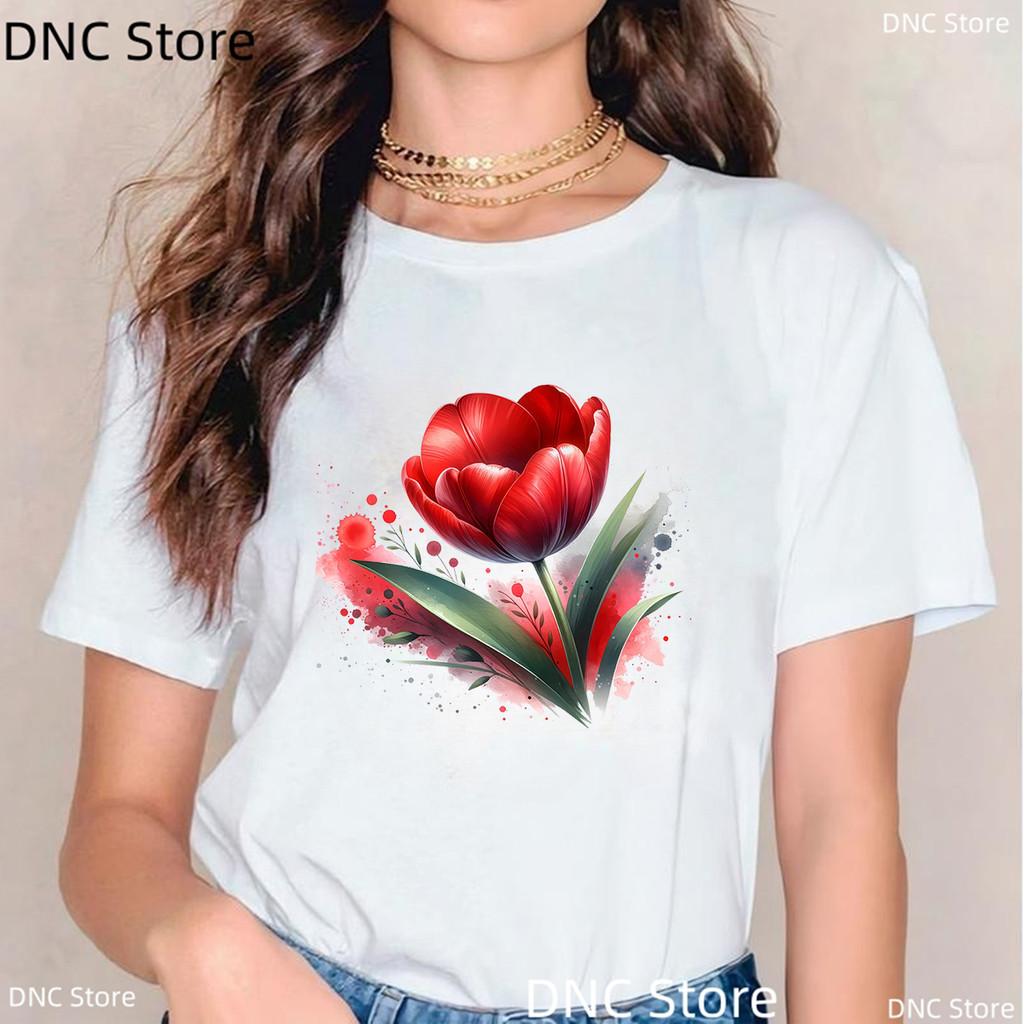 Watercolor Tulip, Lotus Lily Graphic Print T Shirt Women Casual Style Female T-Shirt Summer Fashion 00s Girls Tshirt White Tops