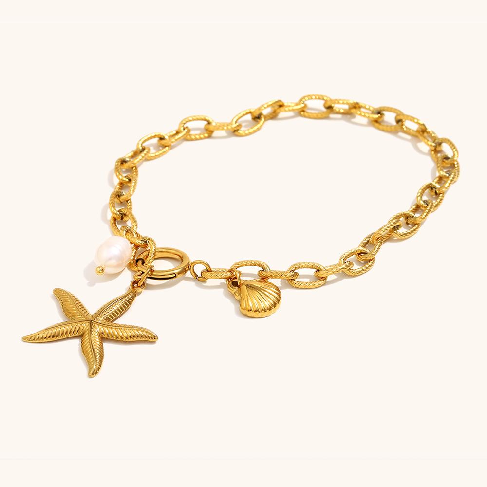 Rz Women's Gold Plated Stainless Steel Charm for Anklet Handmade Starfish Pearl Shell Jewelry Waterproof Non-Fading Accessories
