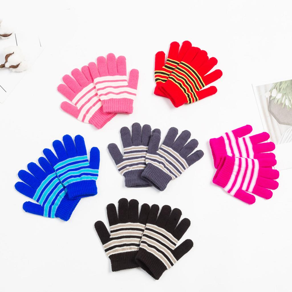 Kids Striped Pattern Gloves Full Finger Warm Mittens Stretchable Windproof Mittens for Kids Cycling Skiing Supplies