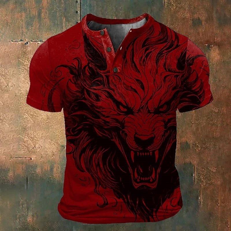 European and American semi-cardigan, casual short-sleeved digital printing slim-fit pullover Henry T-shirt top men's clothing