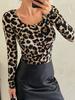 Herbst Damen Leopard Groß Rundhals Eng Langarm T-Shirt Top Damen Mode Täglich Basic Büro Dame Lässig Slim Fit Damen Elegantes Top