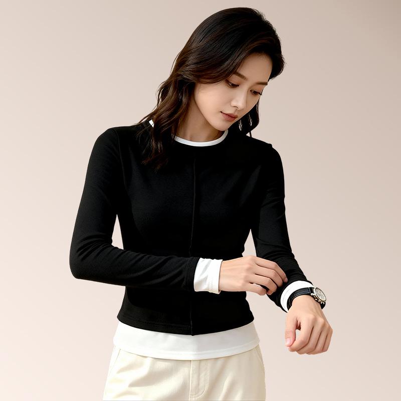 

Dual-Layer Round Neck Slimming Women s T-shirt - Long Sleeve, Spring/Autumn Large чёрный