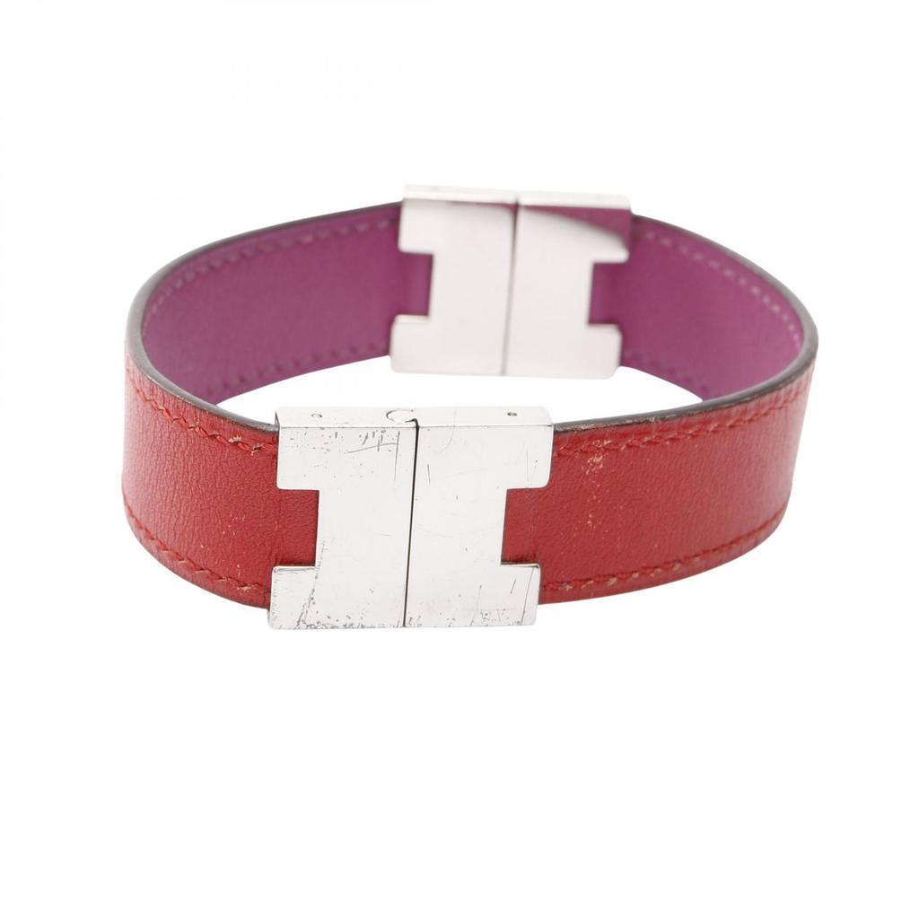 Used HERMES Lurie Bracelet Stainless Steel leather Silver Red Purple Used Women