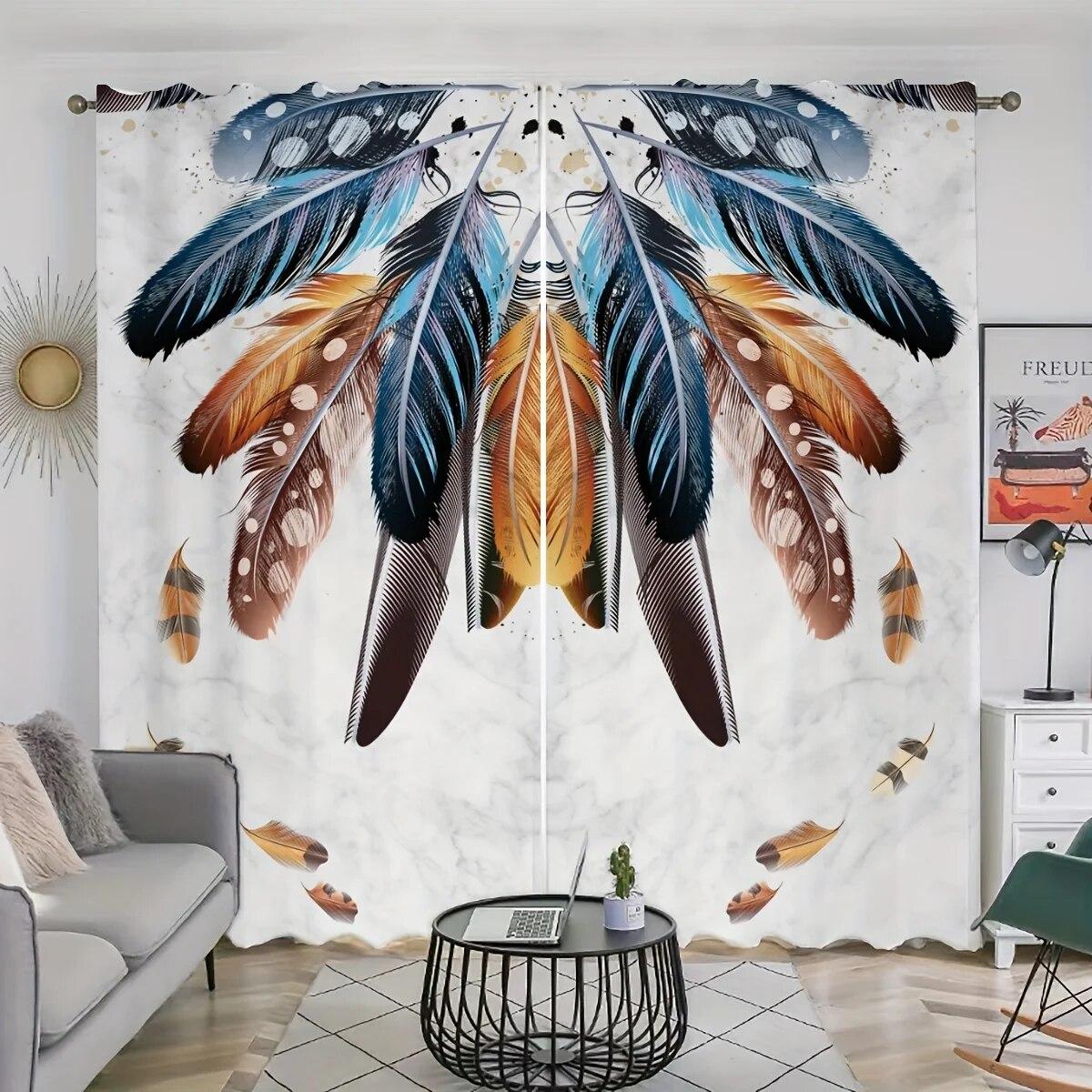 

2 шт., карниз с принтом павлиньего пера, карманный дизайн для защиты конфиденциальности, для гостиной, спальни, офиса, домашний декор W50xH130(CM)x2PCS-Grommet Top