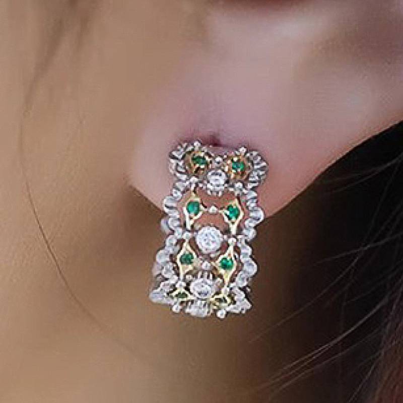 

Huitan Two Tone Women Hoop Earrings Inlaid Sparkling Green Cubic Zirconia Fashion Zircon for Wedding Party Daily Accessories