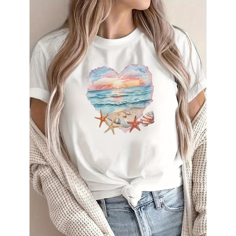 Europäische Größe Damen Strand-Thema Herz & Print T-Shirt Geeignet für - Lässige lockere Passform Vintage Top mit Rundhalsausschnitt, Kurzarmbluse