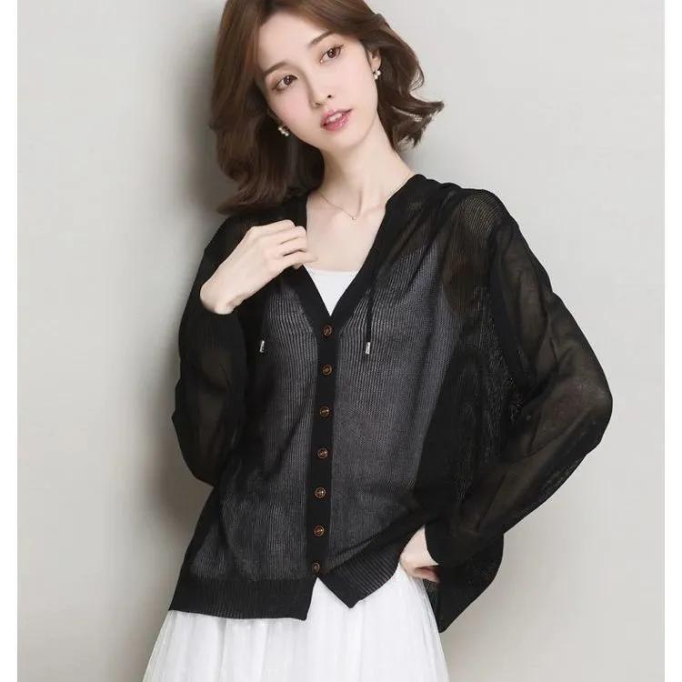 

Женский однотонный вязаный кардиган с капюшоном на весну и лето, свободная куртка из ледяного шелка с защитой от солнца 2XL чёрный