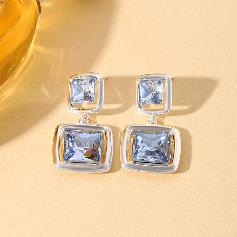 Korean Cool Tone Sea Blue Double Layer Zirconia Square Stud Earrings