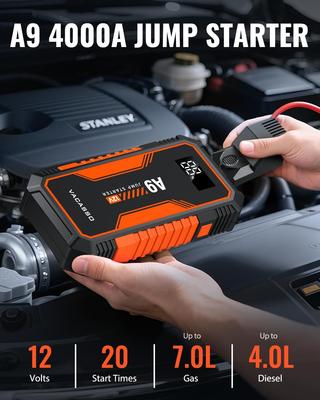 Jump Starter 4000A, 12V Portable Battery Booster with USB, LED Light, Jumper Cables, Storage Case