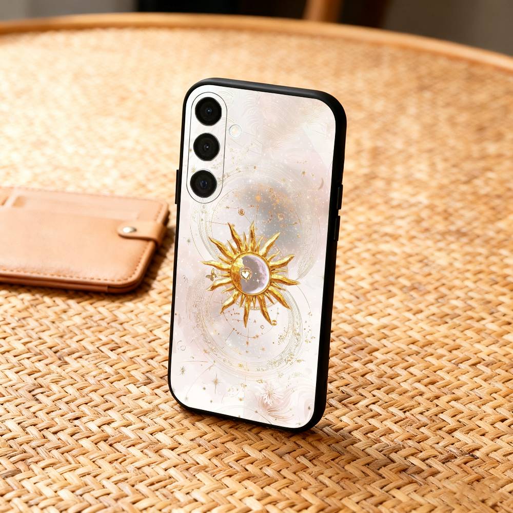 Gilded Sun and Moon Phone Case For Samsung A73,72,71,A52,51,40,41,A22,A32,31,A13, Soft Black Shell