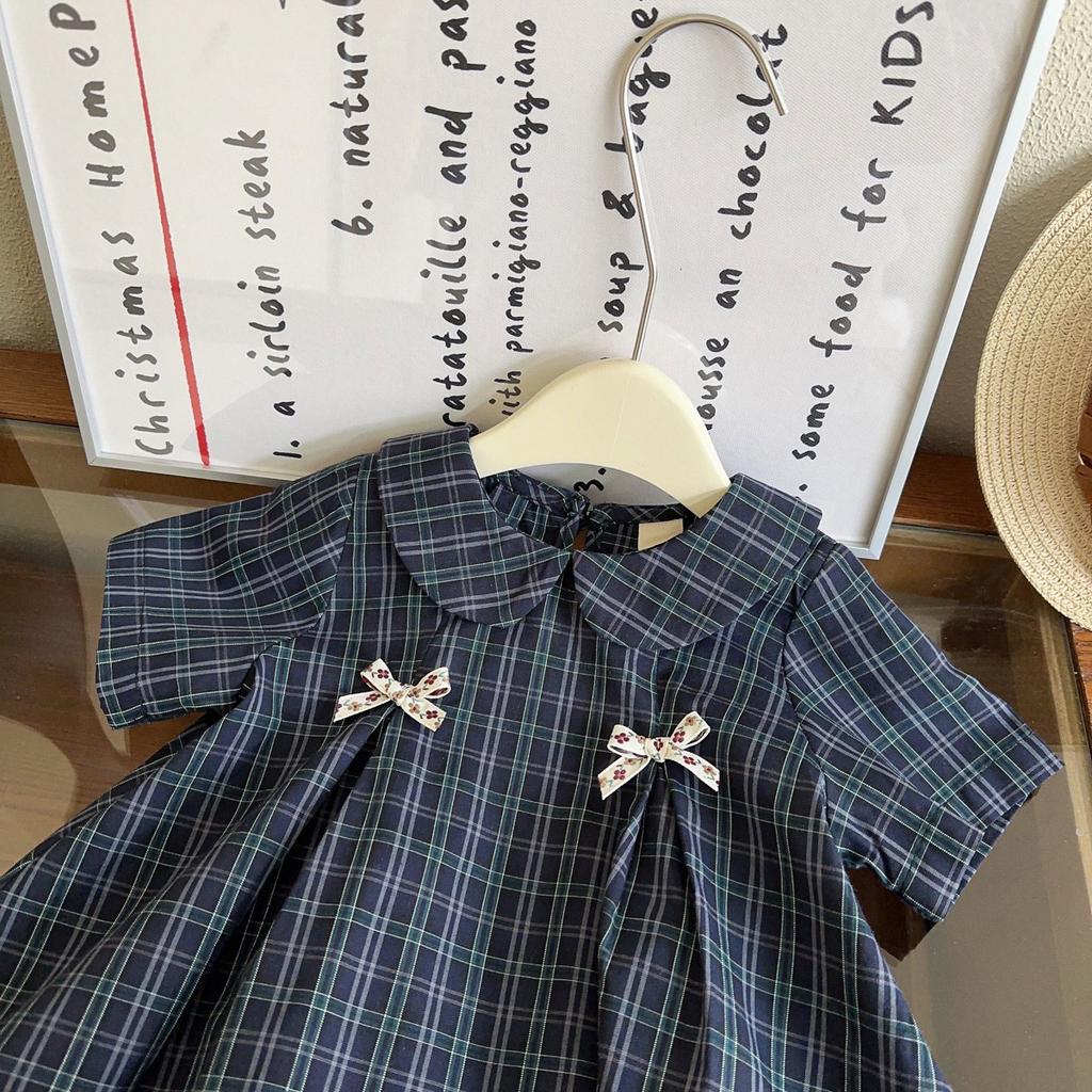 Summer Girls Plaid Dress With Bow Tie Cute Princess Short Sleeve Party Dress For Baby Toddler Children Casual Sundress
