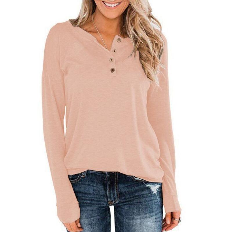 

European American New Women s Solid Color Knitted Long-sleeved Round Neck Pullover Button Top T-shirt S