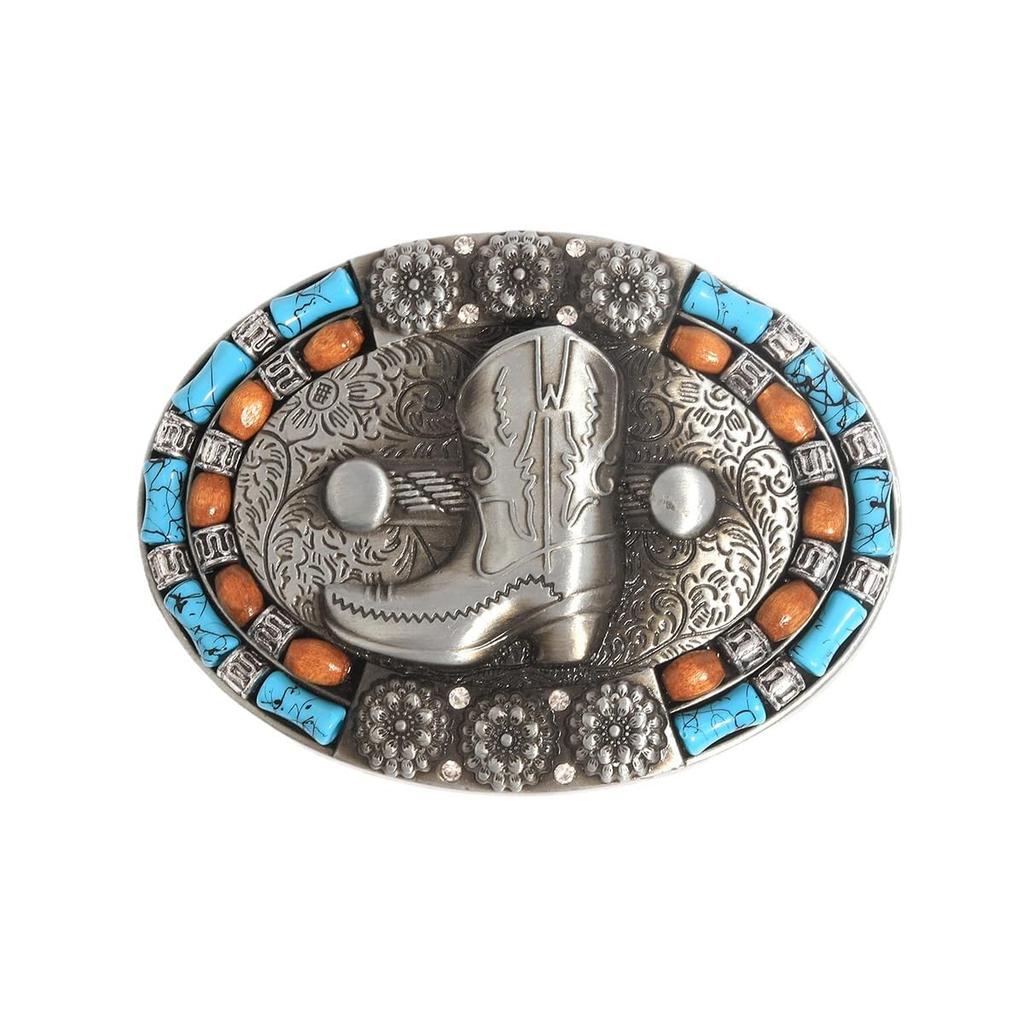 Cowboy Boots Belt Buckle for Silver Alloy Oval Buckle with Turquoise Western 10 x Birthday Gift [Rockyu] Men, Decoration, Style, 7.4 cm,
