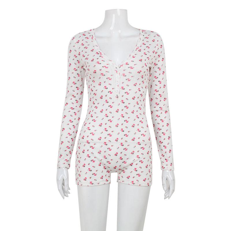 

European and American Summer Fashion Floral Print Long Sleeved V-neck Slim Fit Home Jumpsuit S білий