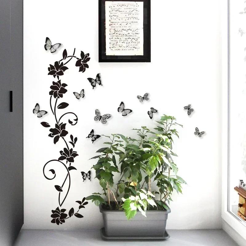New 3D Butterfly Wall Stickers  Black Flower Rattan Living Room Background Room Wall Stickers Dark Style 38*43cm Home Decor