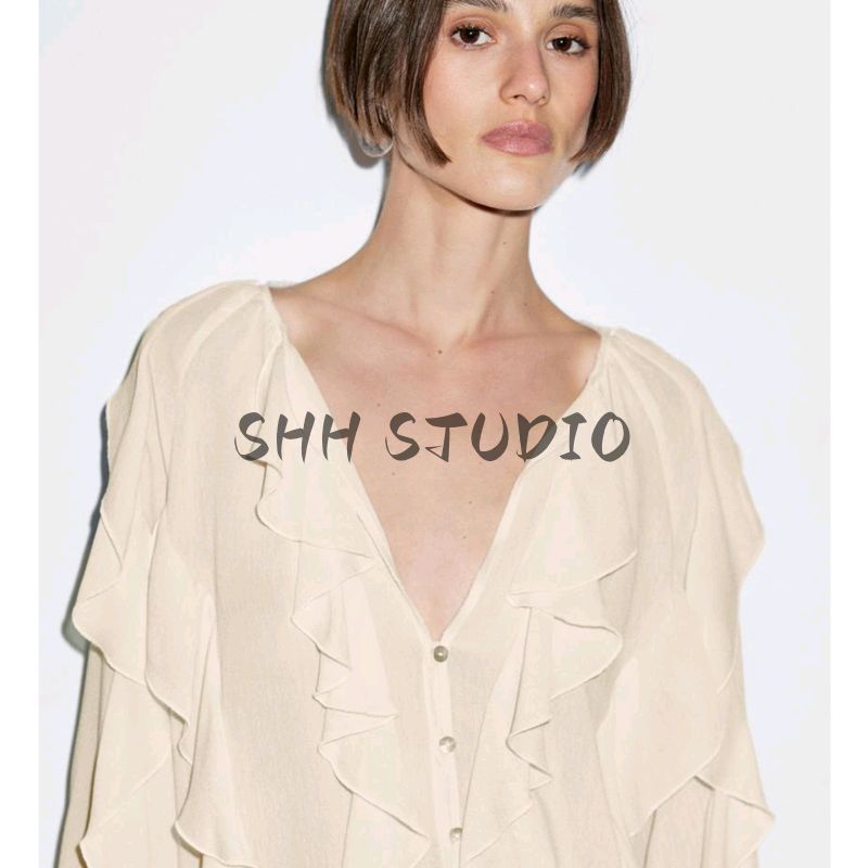 MD Spring New Arrival Women's Clothing French Romantic Vacation Style Elegant Ruffles V-neck Long Sleeve Shirt Top 5152752