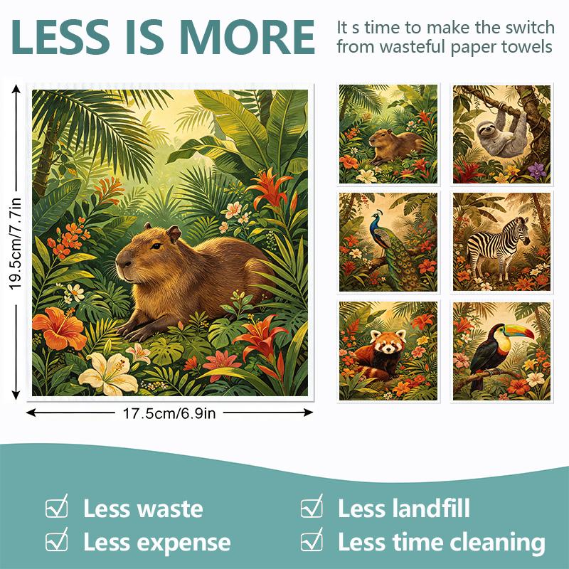 6PCS Cleaning Dishcloths Reusable Kitchen Dish Towels Tropical Animal Pattern Dishcloth Absorbent Lint Free Cloth Washable Duster Rags Tea Towels