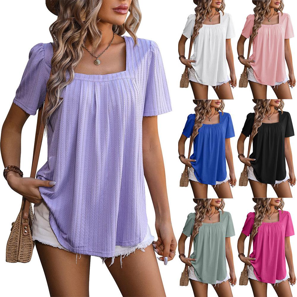 

Women s Spring Summer Casual Bubble Sleeves Square Neck Pleated Short Sleeved T-shirt S