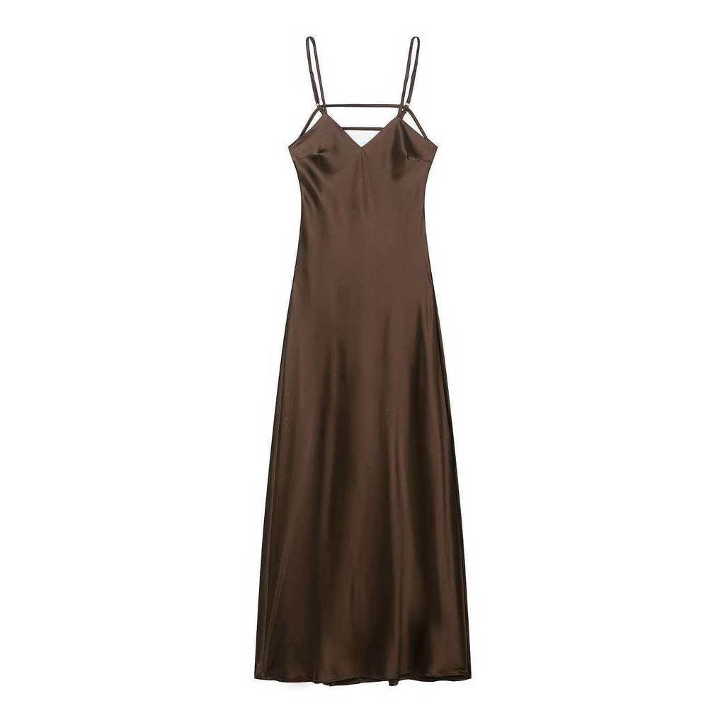 European Women's Fashion: Silk Satin Midi Slip Dress with Decorative Style