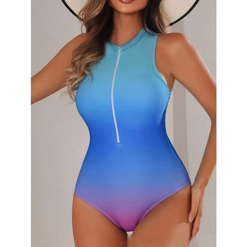 2025 Sporty Zipper Swimsuit Women One Piece Gradient Cut Sleeve Swimwear Female Bathers Bathing Swimming Swim Suit Beachwear XXL