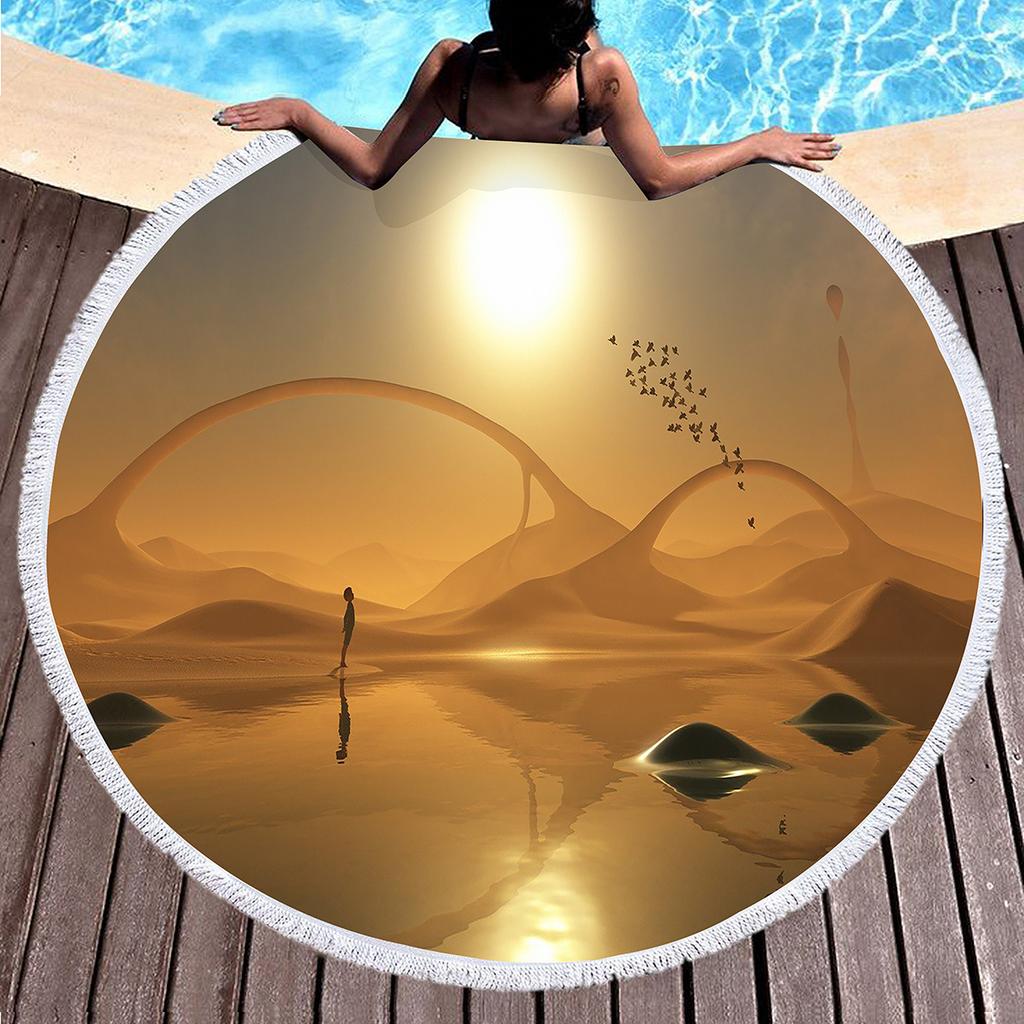 Sunrise Scenery Print Round Beach Towel,Polyester Soft Sand Resistant Beach Blanket,Absorbent Quick Dry Pool Towel Picnic Mat