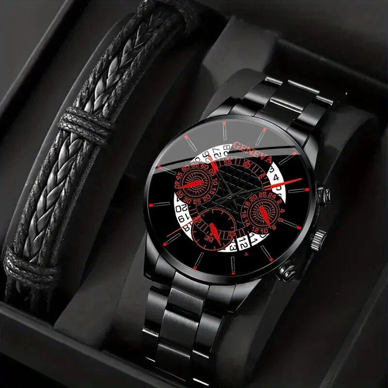 

2pcs Luxury Mens Black Stainless Steel Quartz Watches For Men Fashion Business Casual Wristwatch with Leather Bracelet Set