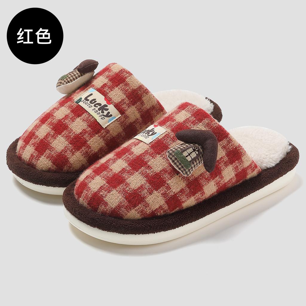 Linen Slippers Autumn and Winter New Cartoon Plaid Home Indoor Warm Plush Cotton Slippers