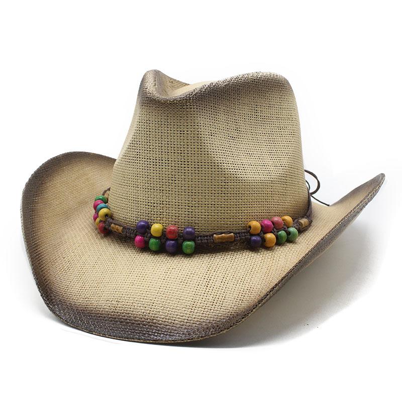 Pink Spray Paint Colored Wood Bead Straw Hat Ethnic Style Handmade Sun Hat Rolled Brim Warped Edge Western Denim Straw Hat