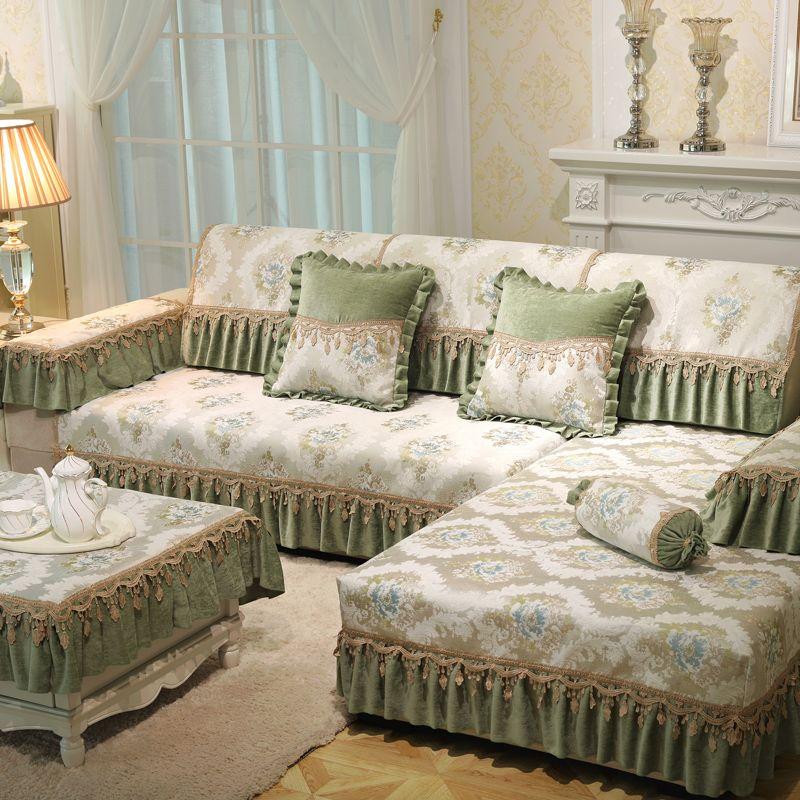 

Sofa Cushion European Chenille Accessible Luxury Living Room Fabric Craft All Year Round Neutral Non Slip Minimalist Modern All-Inclusive Sofa Cover Paris lovers Green 70 * 70cm