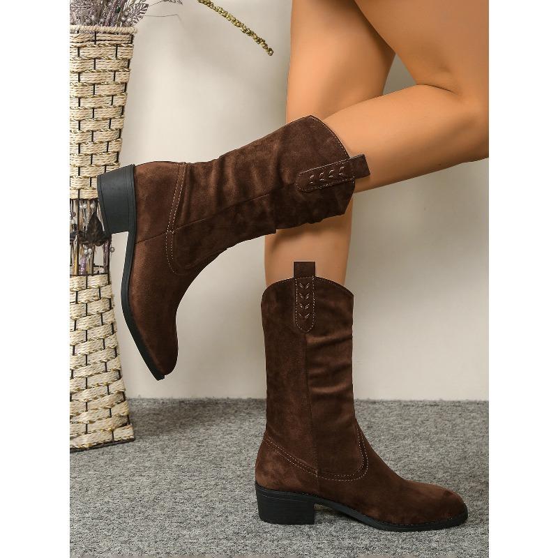 2025 Winter New Suede British Style Mid-Top Boots Women's Plus Size Pleated Pointed Stack Boots