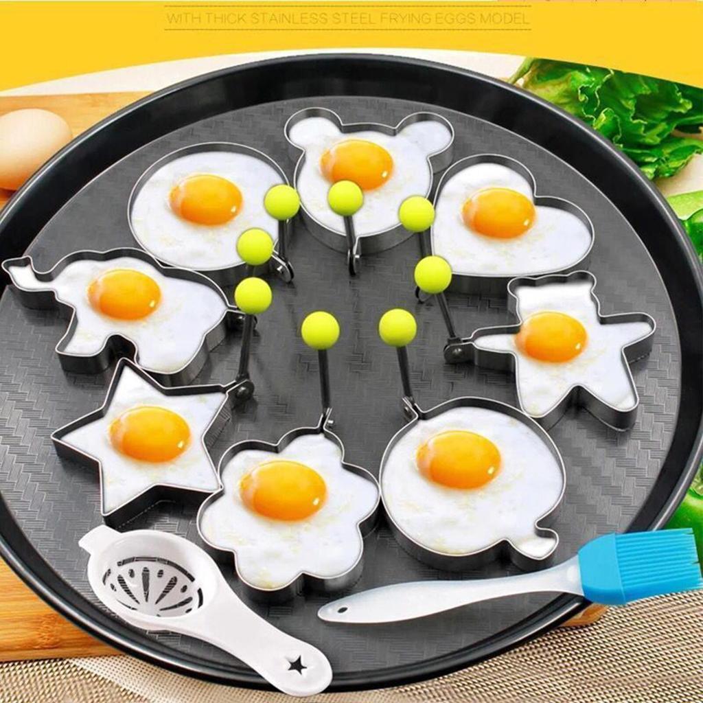 8pcs Shape Stainless Steel Fried Egg Mold Nonstick Pancake Mold With Brush Kitchen Egg Shaper Rings For Fried Eggs Biscuits