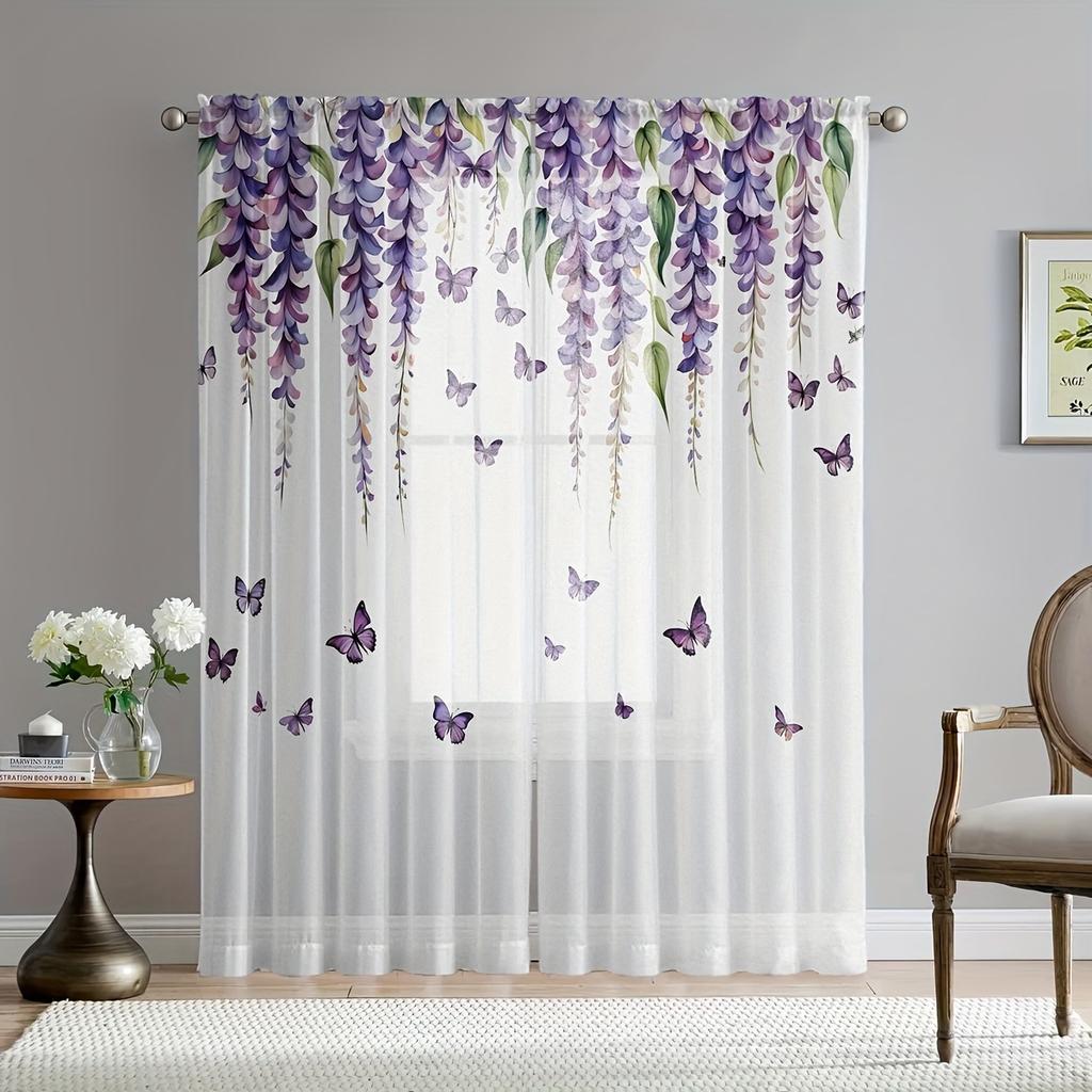 2 Pcs Luxe Sheer Wisteria Floral Curtains – Romantic Art Theme Rod Pocket Design for Bedroom Decor