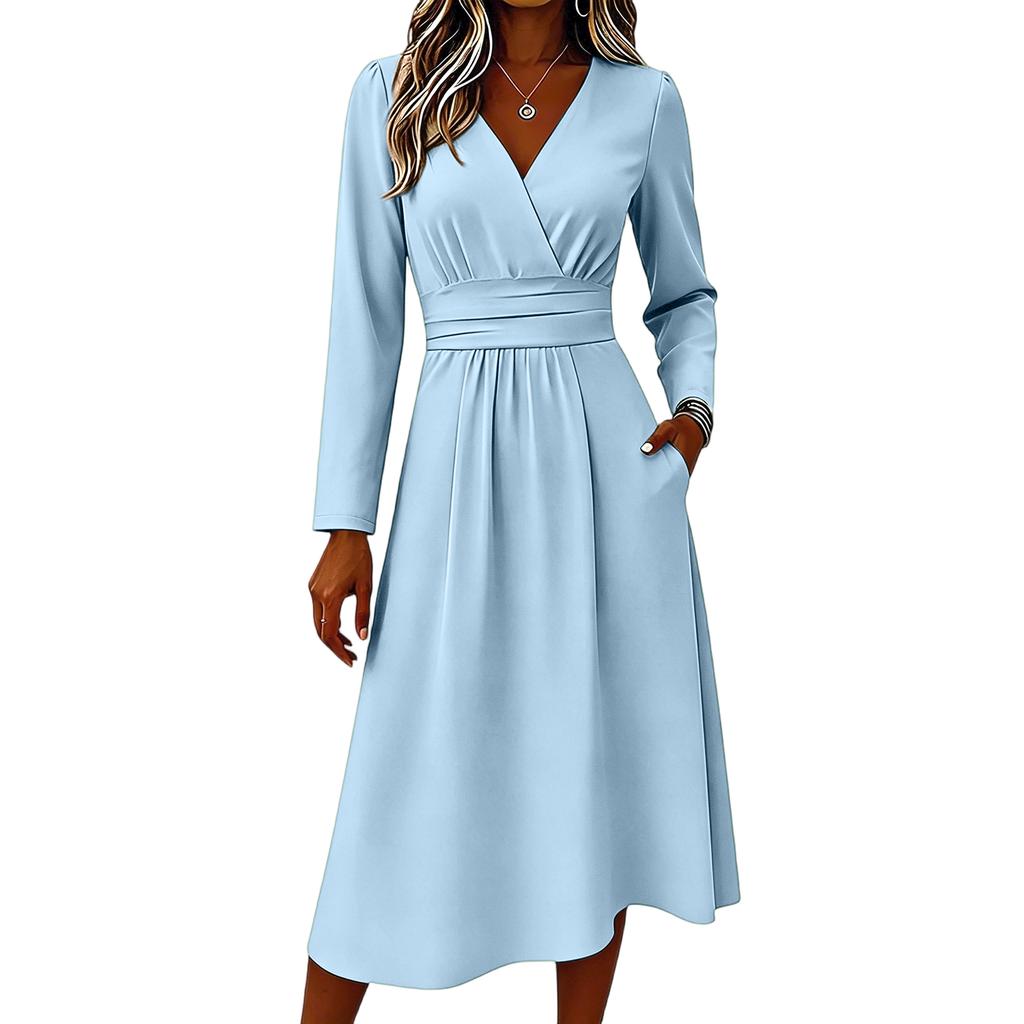 Women's Casual V Neck Midi Dress Long Sleeve Wrap Style Waistband Relaxed Fit Soft Fabric Comfortable Daily Wear
