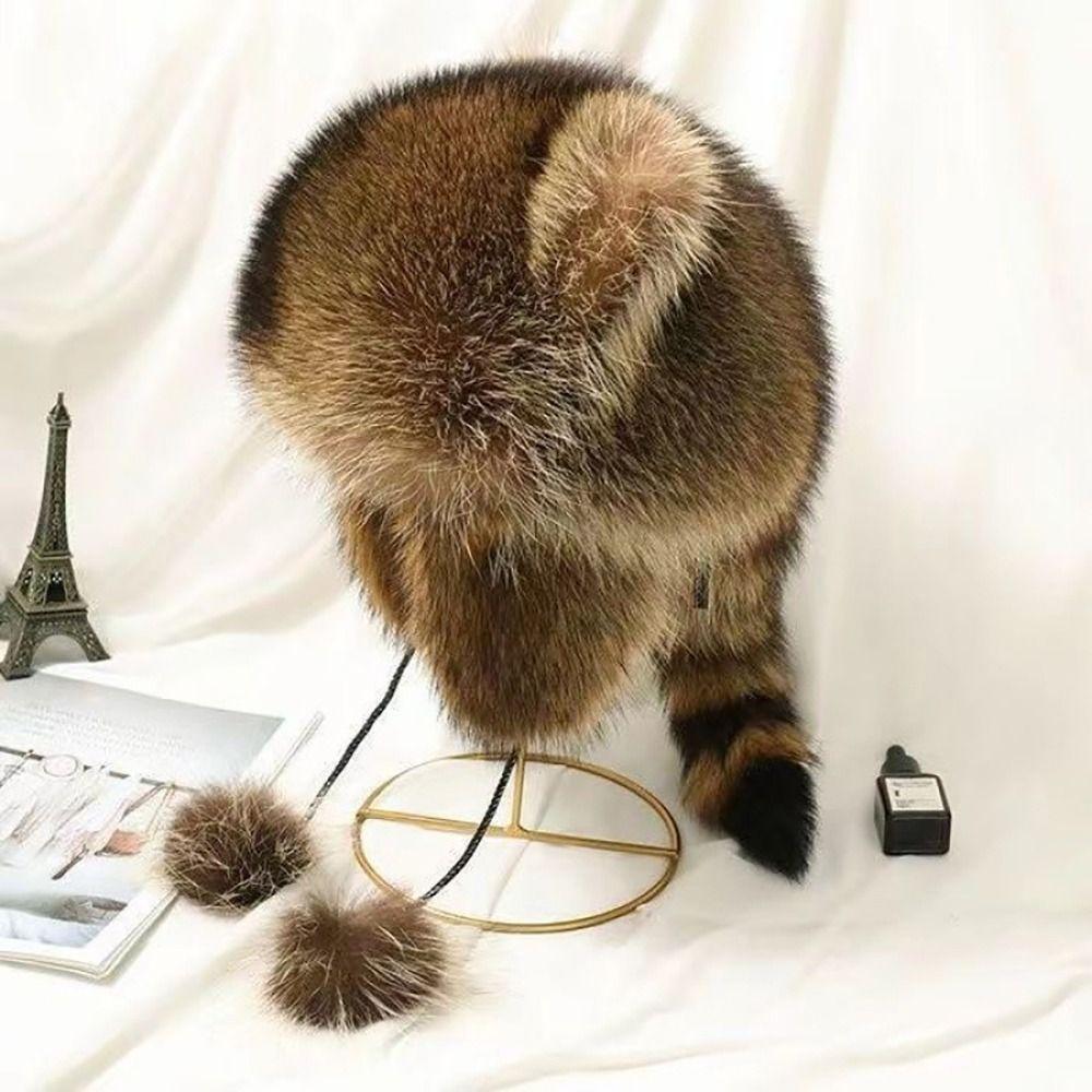 1Pcs New Thickened Raccoon Fur Cap Warm with Fur Balls Bomber Pom Hat Ushanka Fashion Winter Hat for Adult