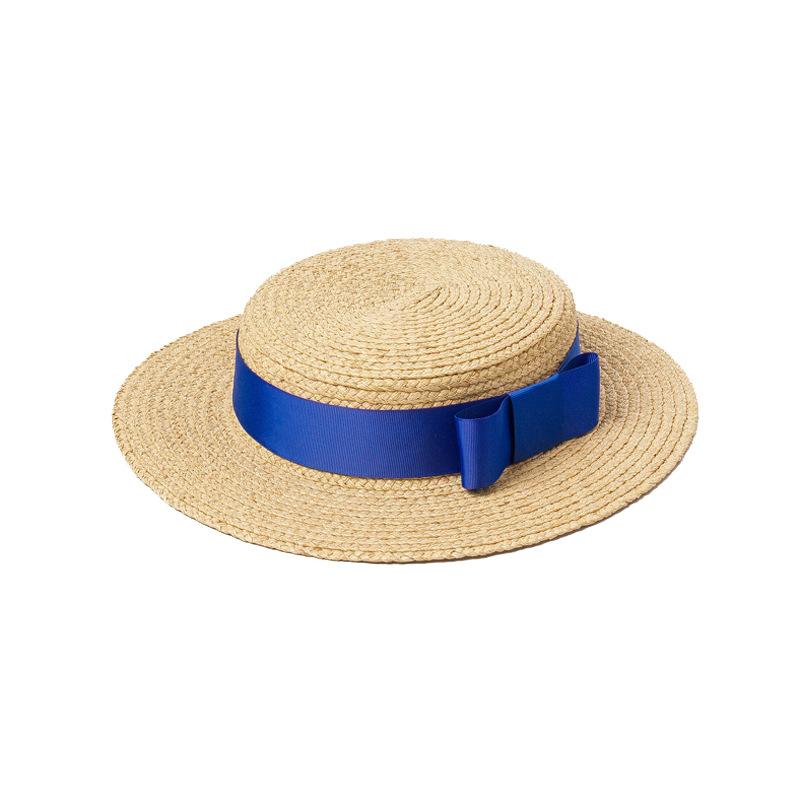 

Natural Rafi straw casual simple college style shallow flat top bow decoration Fedoras student straw hat adjustable 54-58cm