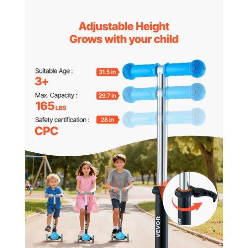 VEVOR Kick Scooter for Kids Ages 3+, 3-Wheel Toddler Scooter with Light-Up Wheels, Adjustable Height Handlebar, Wide Anti-Slip Deck