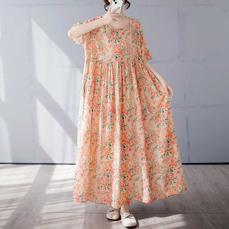 Simple and Fashionable Long Skirt Summer Short Sleeved Round Neck Printed Dress
