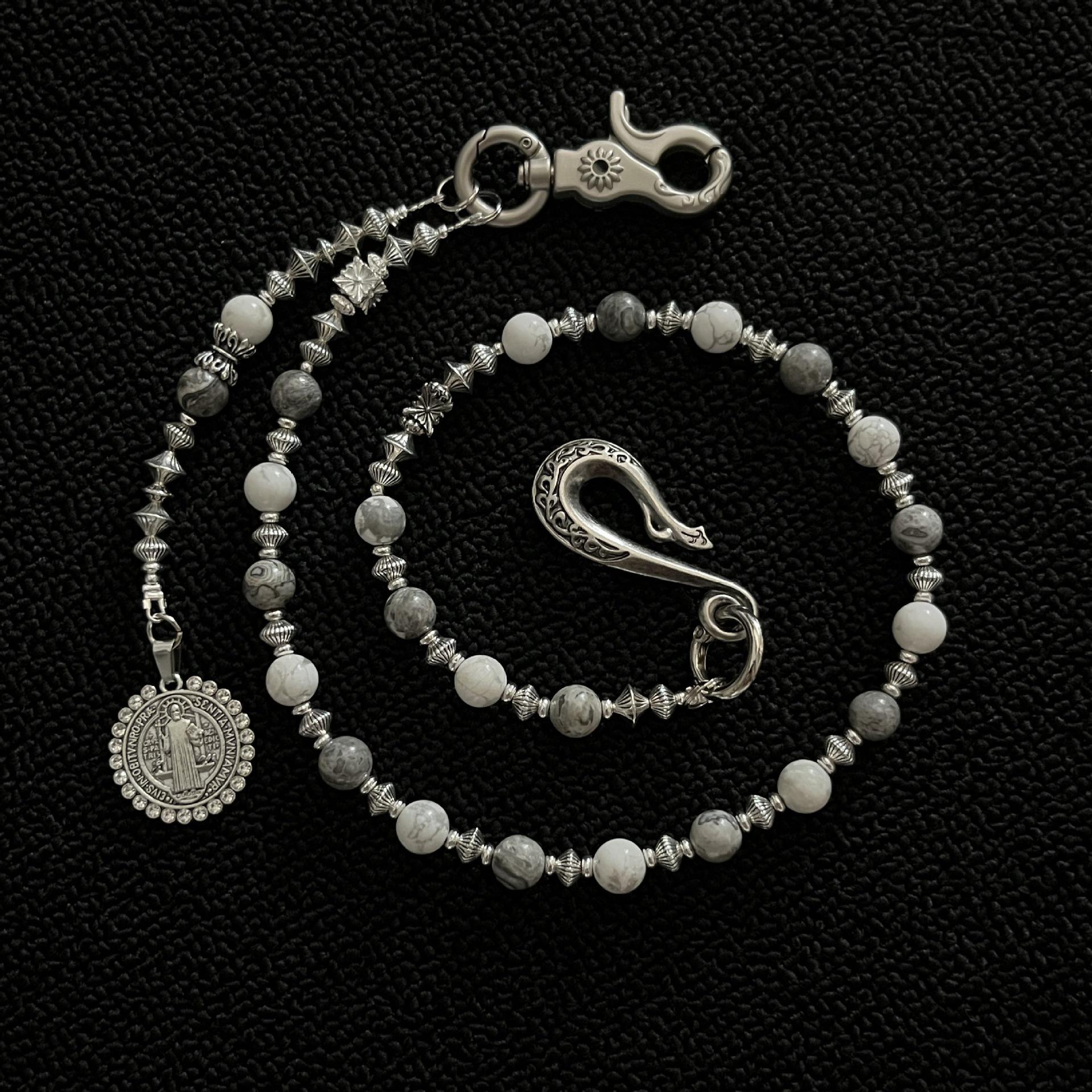 Retro White & Grey Mixed Bead Handmade Denim Waist Chain - Streetwear Cleanfit Trend